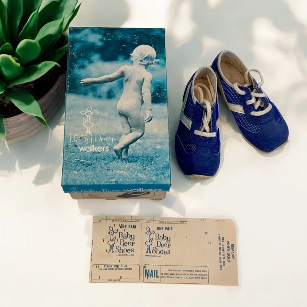 Vintage 1950s MCM Baby Deer Walker Shoes Size 4 Infant Sneakers Original Box